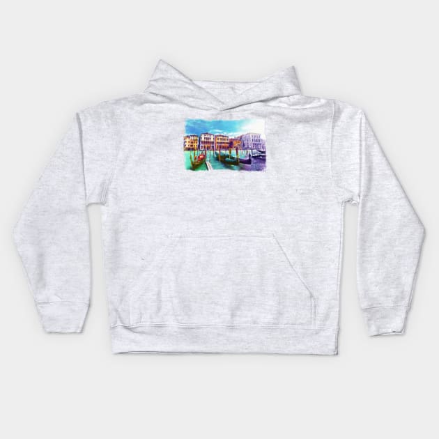 Venice Watercolor Cityscape Kids Hoodie by Marian Voicu